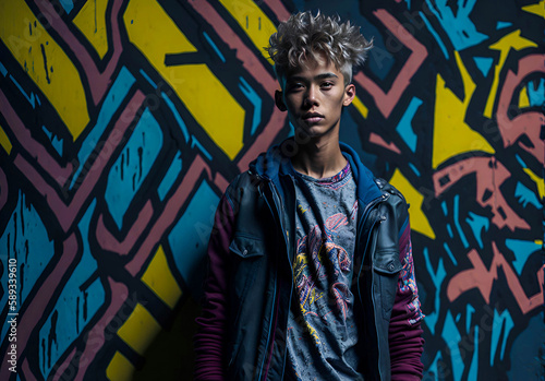 Blond teenager wearing trendy clothes standing next to a graffiti wall