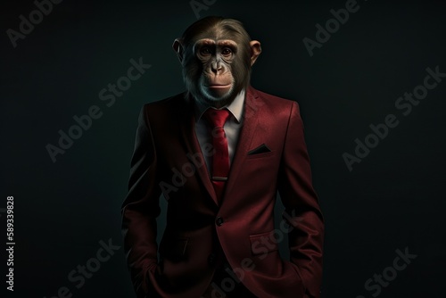 Anthropomorphic monkey in a smart suit. AI generated, human enhanced.