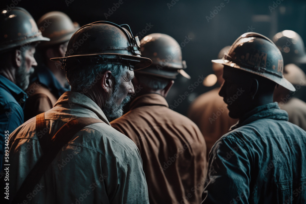 Crowd or group of miners in helmets, back view. AI generated, human enhanced
