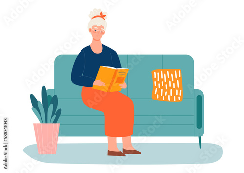 Elderly woman reading concept. Grandmother sitting on sofa in glasses with yellow book in her hands. Education and training. Love for literature and useful hobby. Cartoon flat vector illustration