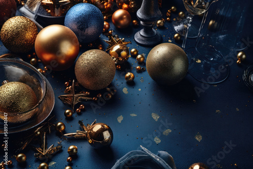 Elegant Gold Christmas Decorations on Dark Blue Table. Generative Ai