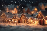 Abstract Christmas Winter Panorama with Wooden Houses and Glowing Lights. Generative Ai