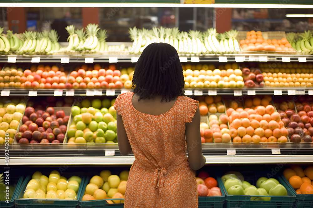 Back portrait of young woman doing shopping at fruits and vegetables department of supermarket