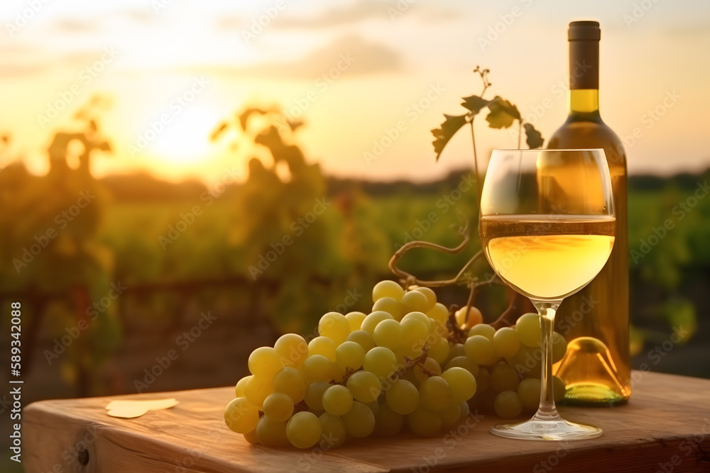 Glass of white wine ripe grapes and bottle on table in vineyard. Generative AI