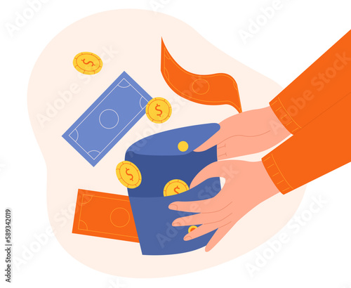 Hands holding wallet. Character with banknotes and golden coins. Budget and savings, financial literacy and passive income. Successful entrepreneur and rich investor. Cartoon flat vector illustration