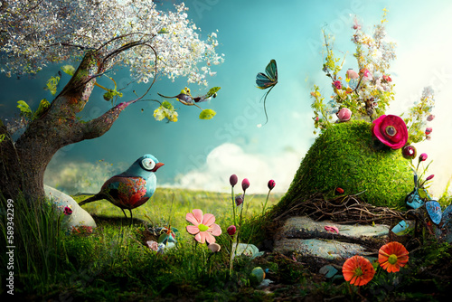 A whimsical spring scene with new life emerging