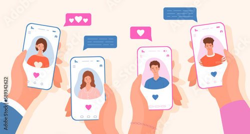 Online dating app set. Collection of hands with smartphones. Communication in social networks and instant messengers. Video conference and call. Chat and dialogue. Cartoon flat vector illustration