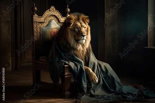 Lion sitting on a Throne in a Castle