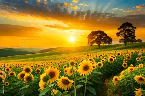 sunset in the field of sunflowers