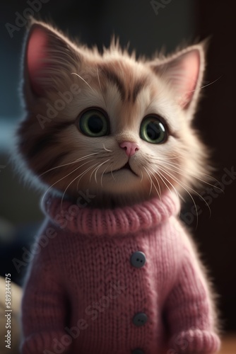 Cute little cat  kitten wearing pink sweater. Generative ai