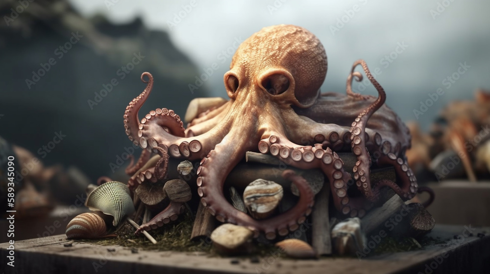 Human skull with octopus tentacles. Skull Octopus Tentacles Kraken Sea