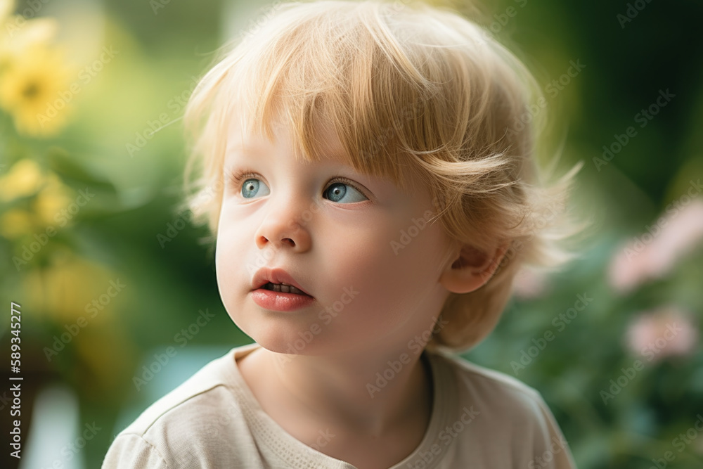 Portrait of cute toddler boy having fun in on green lawn on spring day. Generative AI. Portrait of cute toddler boy having fun in on green lawn on spring day. Generative AI.