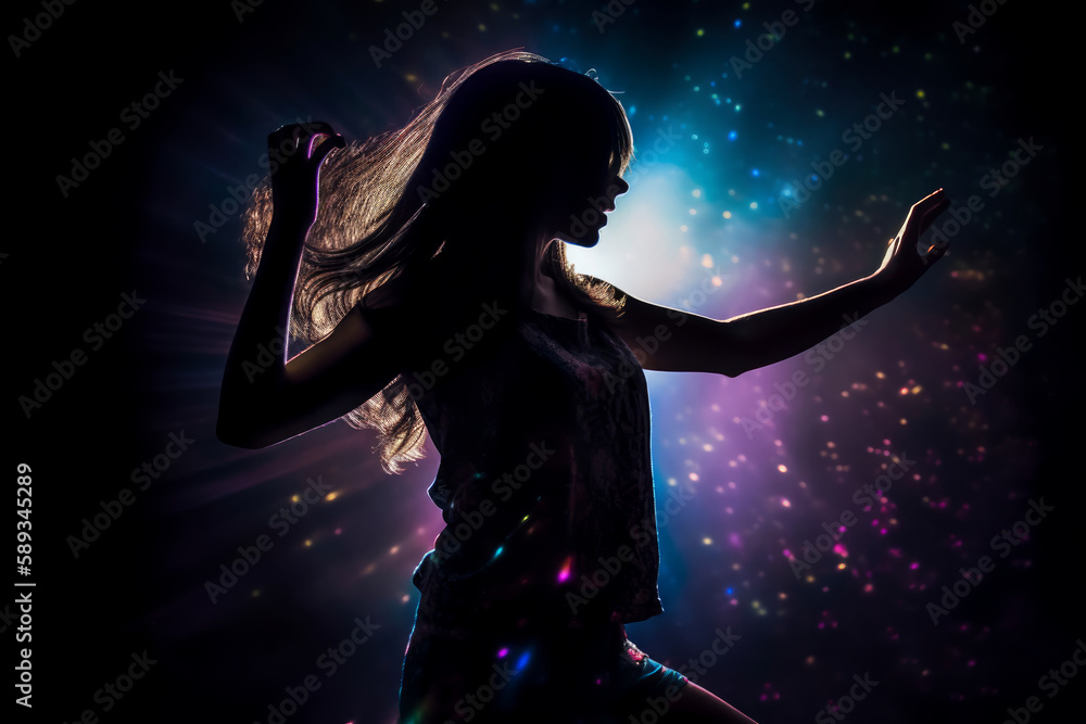 Silhouette of beautiful teenage girl dancing in a spotlight. Generative AI.
