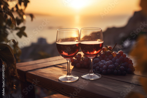 Two glasses of red wine in a restaurant overlooking beautiful mediterranean landscape on sunset. Generative AI.