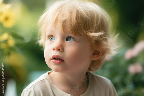 Portrait of cute toddler boy having fun in on green lawn on spring day. Generative AI.