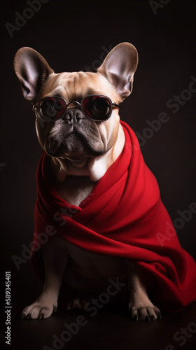 cute french bulldog in a super hero costume toned with a retro vintage