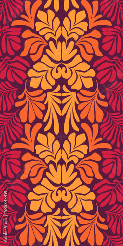 Red orange abstract background with tropical palm leaves in Matisse style. Vector seamless pattern with Scandinavian cut out elements.