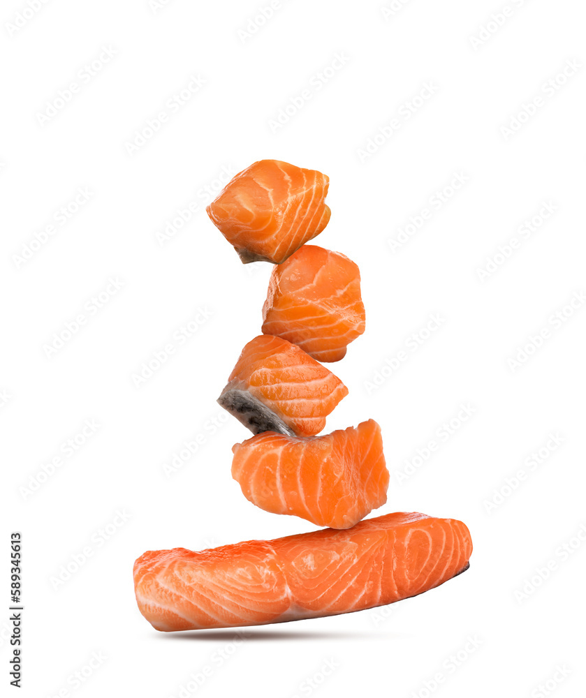 Cut fresh salmon falling on white background Cut fresh salmon falling on white background