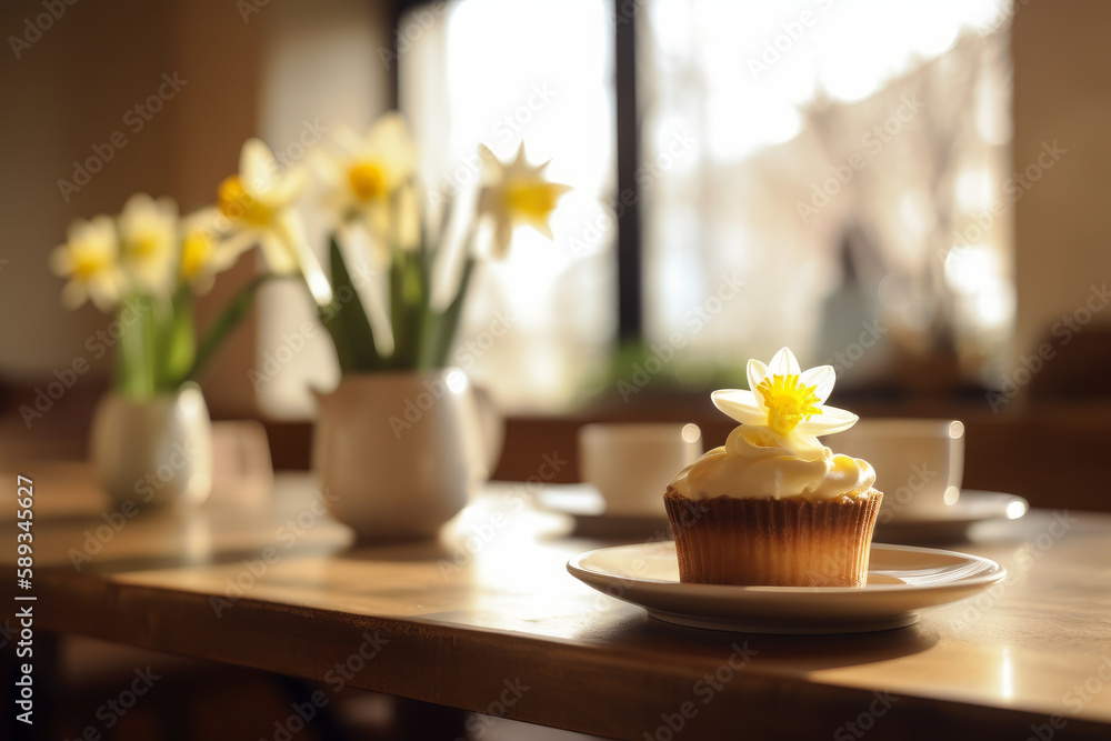 Delicious cupcake decorated with white frosting and daffodil flower. Generative AI.
