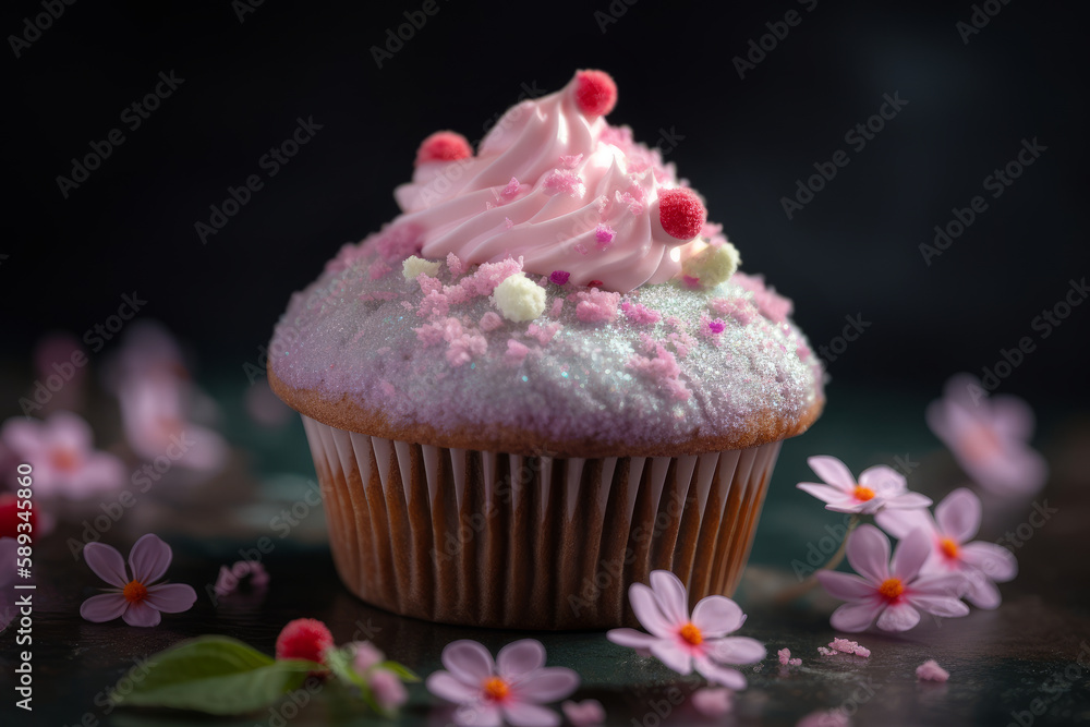 Delicious cupcake decorated with pink frosting and small pink flowers. Generative AI.