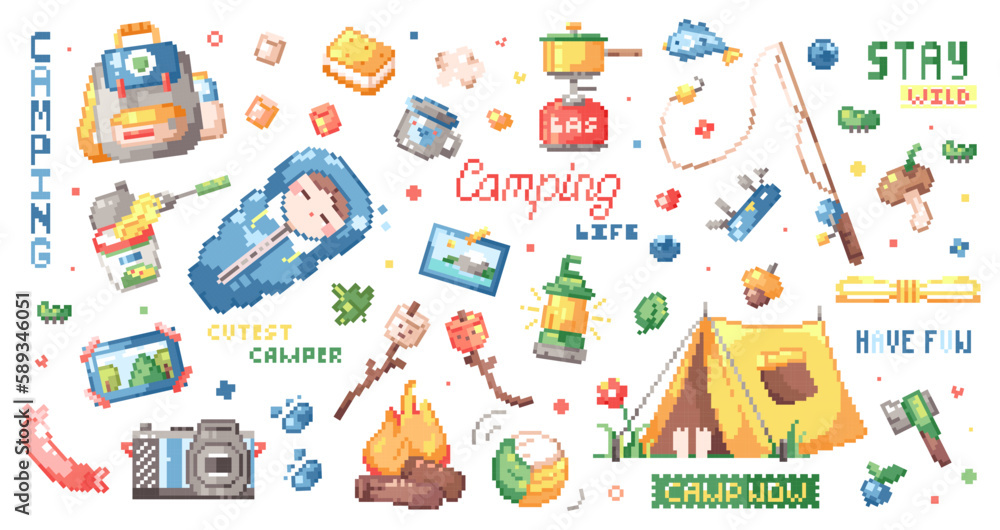 Pixel art camp trip sticker set. 8bit retro game elements like campfire, tent, leaf, knife, marshmallow, bag, sleeping bag. Vector graphic for game, decoration, stickers and cross stitch.