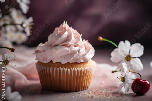 Delicious cupcake decorated with pink frosting and sakura flowers. Generative AI.