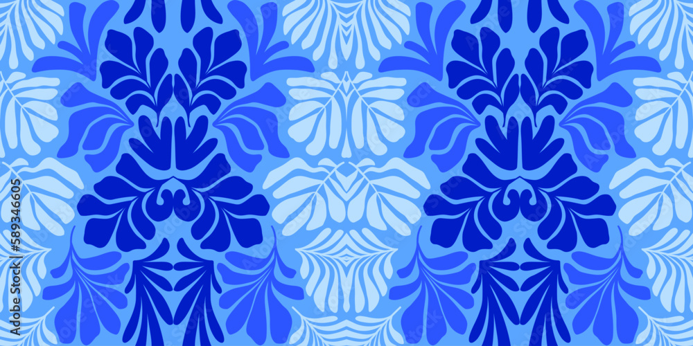 Blue gradient abstract background with tropical palm leaves in Matisse style. Vector seamless pattern with Scandinavian cut out elements.