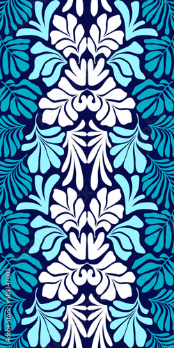 Blue white abstract background with tropical palm leaves in Matisse style. Vector seamless pattern with Scandinavian cut out elements.