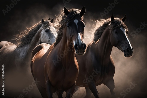 Cinematic scene of three horses with light and dust reflection