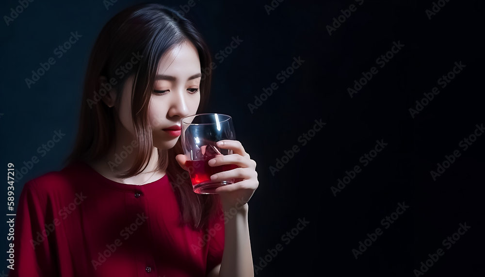 A Japanese woman in a red dress held a glass of red water with poise and elegance as she took a refreshing sip.she seemed lost in thought, enjoying the purity of the moment. generative AI A Japanese woman in a red dress held a glass of red water with poise and elegance as she took a refreshing sip.she seemed lost in thought, enjoying the purity of the moment. generative AI