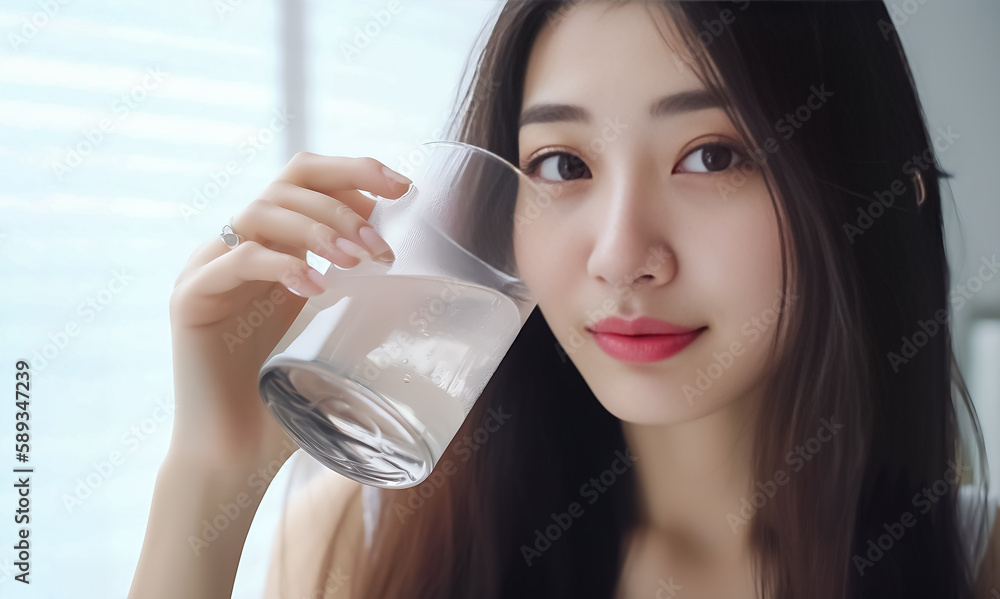 A Japanese woman in a white dress held a clear glass of water with poise and elegance as she took a refreshing sip.she seemed lost in thought, enjoying the purity of the moment. generative AI A Japanese woman in a white dress held a clear glass of water with poise and elegance as she took a refreshing sip.she seemed lost in thought, enjoying the purity of the moment. generative AI