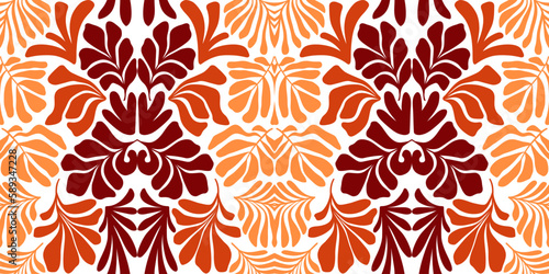 Red orange abstract background with tropical palm leaves in Matisse style. Vector seamless pattern with Scandinavian cut out elements.