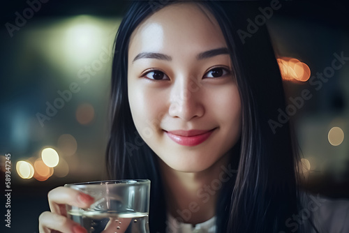 A Japanese woman in a white dress held a clear glass of water with poise and elegance as she took a refreshing sip.she seemed lost in thought, enjoying the purity of the moment. generative AI