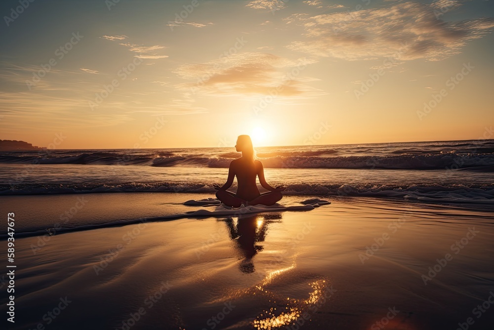 Silhouetted Woman Meditating at Sunset on the Beach: Connecting with Nature and the Sea: Generative AI
