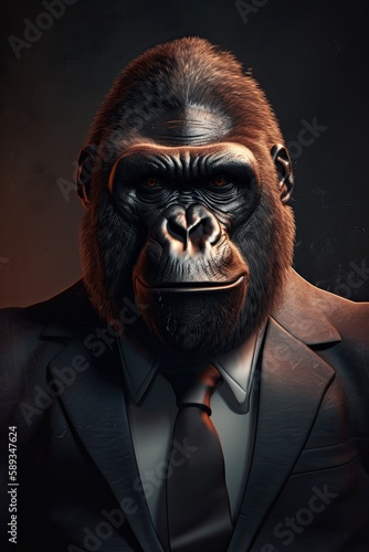 Generative Big Gorilla in an Intimidating Corporate Suit and Tie Attaching a Portrait: Generative AI
