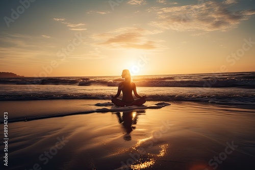 Silhouetted Woman Meditating at Sunset on the Beach: Connecting with Nature and the Sea: Generative AI © AIGen