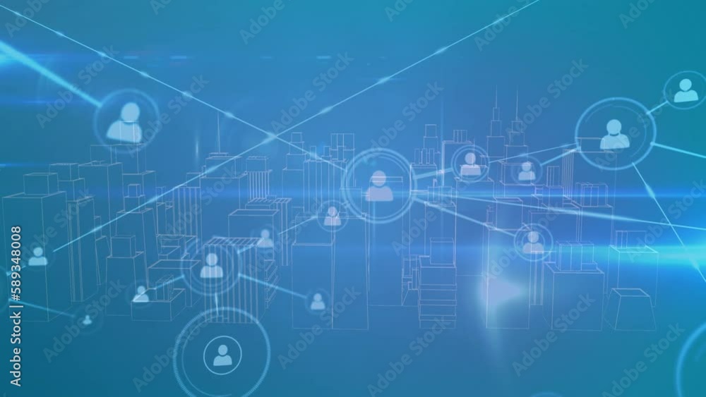 Animation of network of profiles and light trails over spinning 3d city model on blue background Animation of network of profiles and light trails over spinning 3d city model on blue background