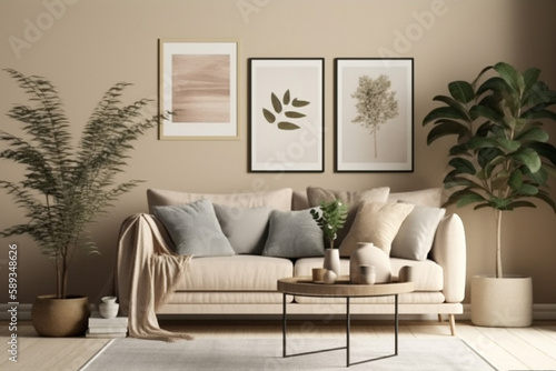 Interior of modern living room with beige walls, sofa and plants, Generative Ai