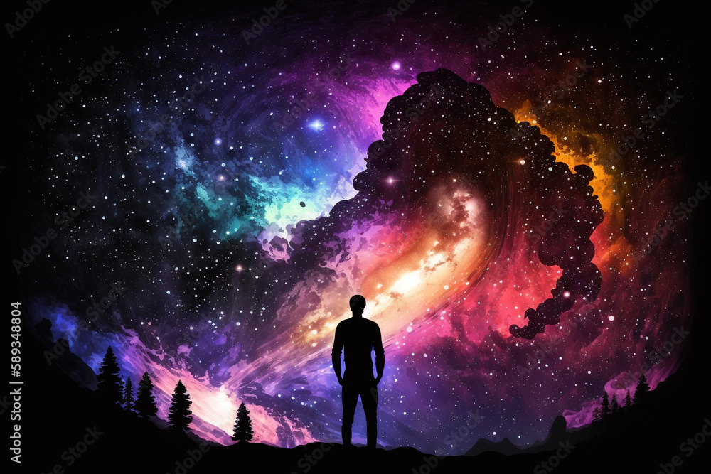 Silhouette of a man standing in front of a colorful galaxy, Generative Ai