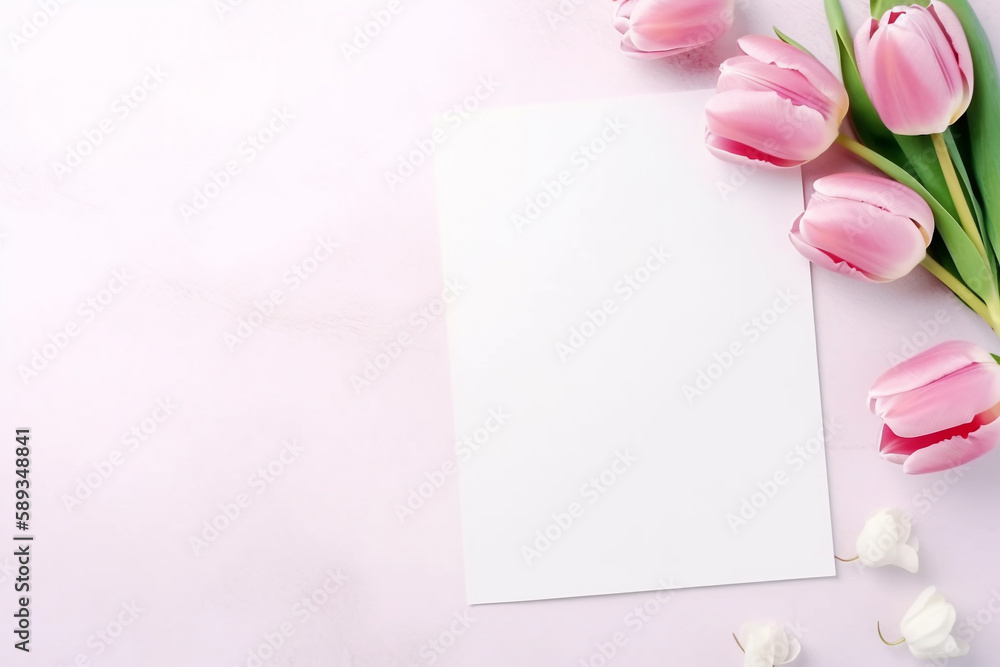 Pink tulips and blank card on pink background with copy space. mothers day background ,Generative Ai Pink tulips and blank card on pink background with copy space. mothers day background ,Generative Ai