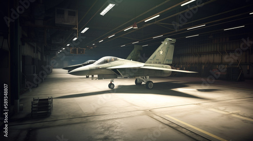 military fighter jet in a warehouse at night, Generative Ai
