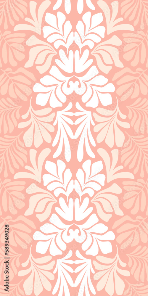 Fototapeta premium Pastel peach brown abstract background with tropical palm leaves in Matisse style. Vector seamless pattern with Scandinavian cut out elements.
