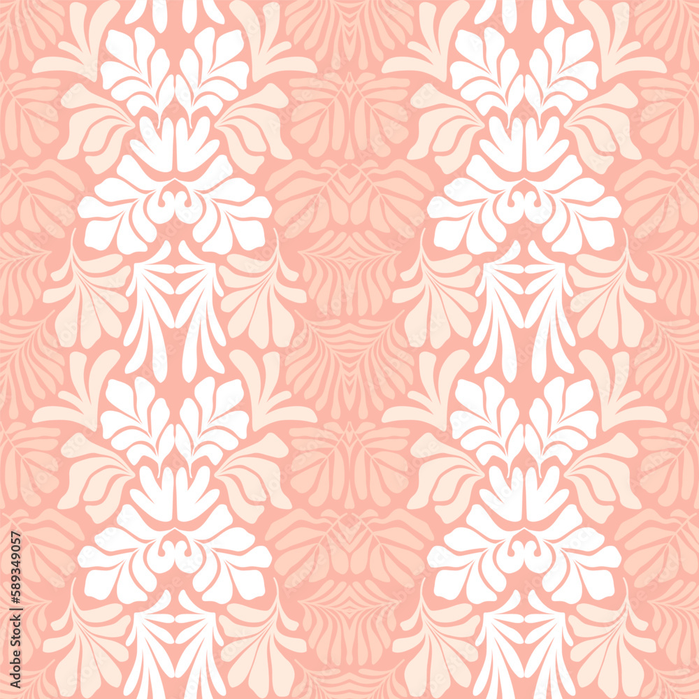 Pastel peach brown abstract background with tropical palm leaves in Matisse style. Vector seamless pattern with Scandinavian cut out elements.