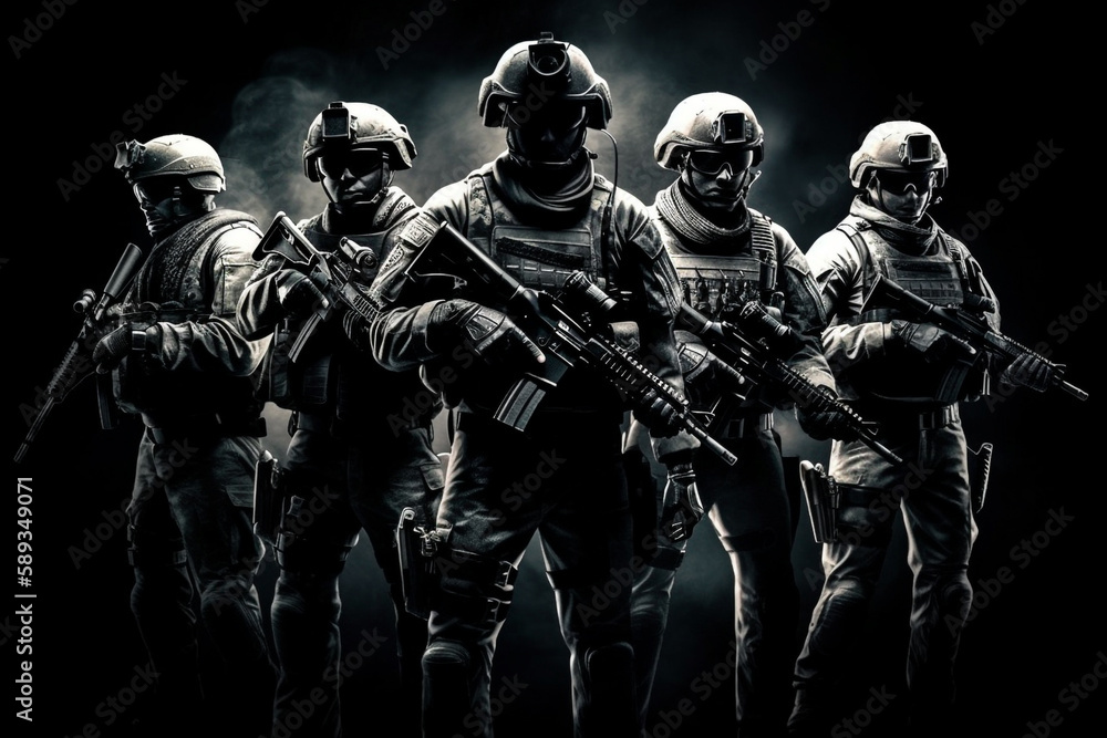Group of special forces soldiers with assault rifle, Generative Ai Group of special forces soldiers with assault rifle, Generative Ai
