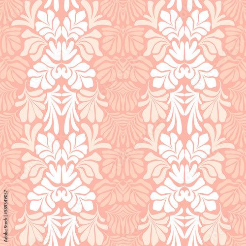 Pastel peach brown abstract background with tropical palm leaves in Matisse style. Vector seamless pattern with Scandinavian cut out elements.