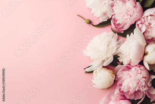 Pink and white peony flowers on pastel pink background with copy space, mothers day background, Generative Ai