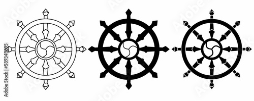 outline silhouette dharmachakra Symbol set isolated on white background