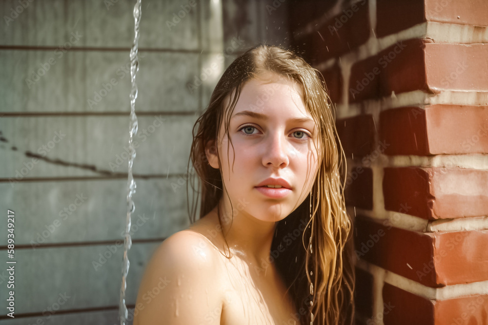 Blondy Girl Take a bath in the backyard garden at noon. generative AI