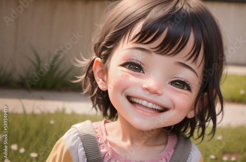 Little positive girl smiling. Portrait of happy kid with toothy smile. Generative AI