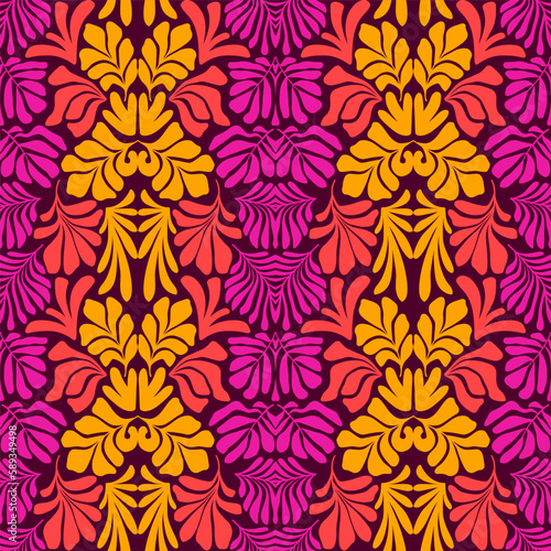 Purple yellow abstract background with tropical palm leaves in Matisse style. Vector seamless pattern with Scandinavian cut out elements.